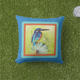 Pretty painted hummingbird on blue outdoor pillow