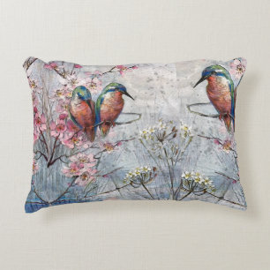 Pretty Painted Kingfishers and Flowers  Accent Pillow