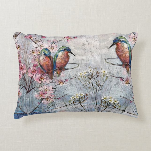 Pretty Painted Kingfishers and Flowers  Accent Pillow (Front)