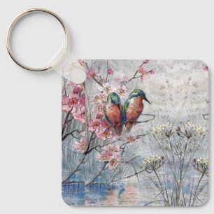 Pretty Painted Kingfishers and Flowers Keychain