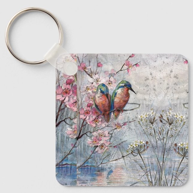 Pretty Painted Kingfishers and Flowers Keychain (Front)