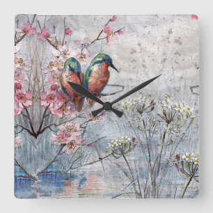 Pretty Painted Kingfishers and Flowers  Square Wall Clock