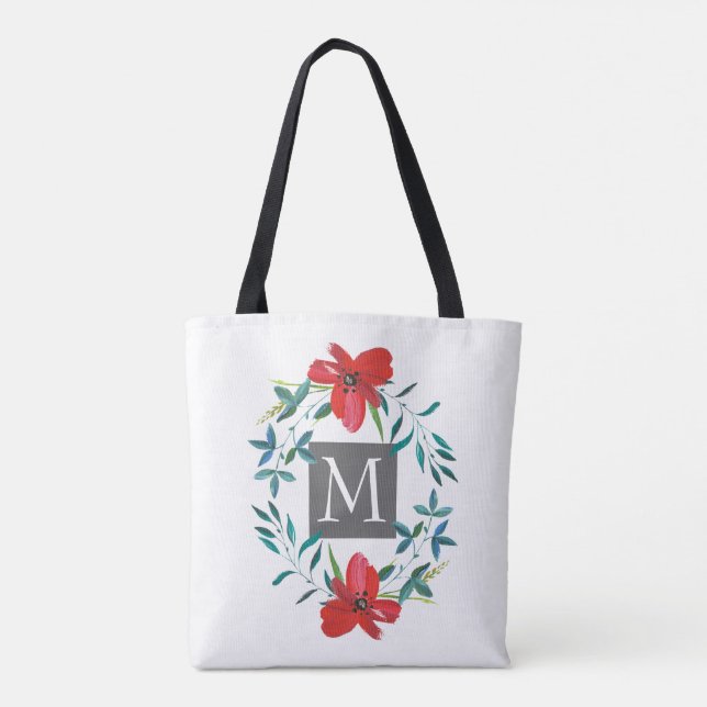 pretty painted red flower design with  monogram tote bag (Back)