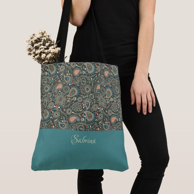 Pretty Paisley Monogrammed Tote Bag (Close Up)