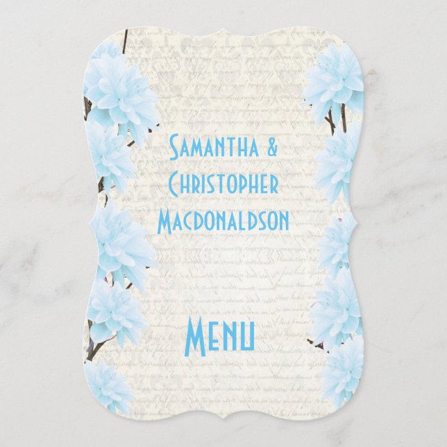 Pretty pale blue floral flower wedding menu (Front)