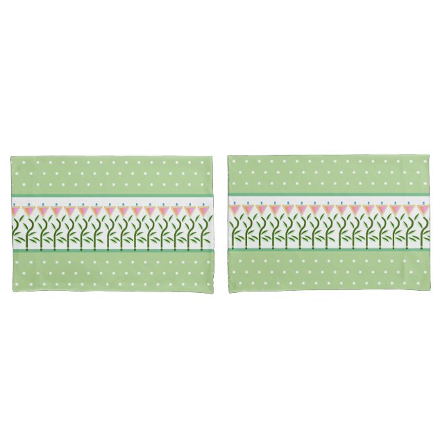 Pretty pale greenand white spots and floral border pillowcase (Front-Set)