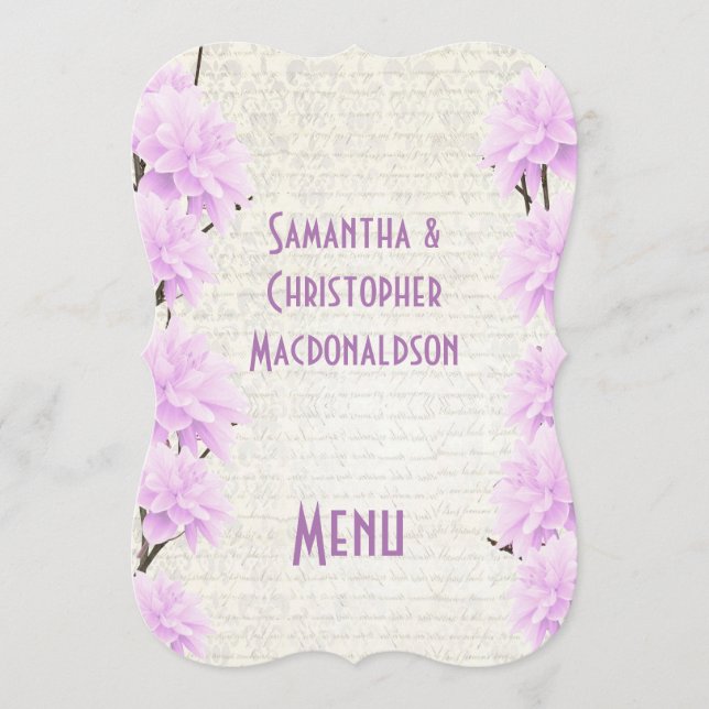 Pretty pale lilac floral flower wedding menu (Front)