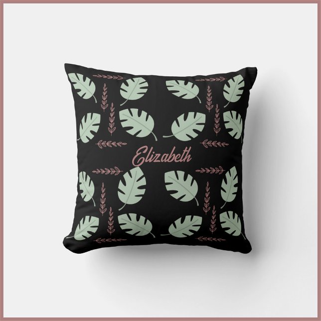 Pretty Palm & Branch Sage Green & Dusty Rose Pink Throw Pillow (Creator Uploaded)