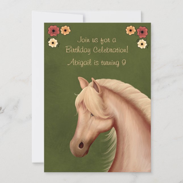Pretty Palomino and Flowers Horse Birthday Invite (Front)