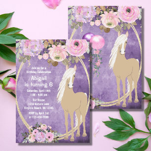 Pretty Palomino Pink Purple Flowers Horse Birthday Invitation