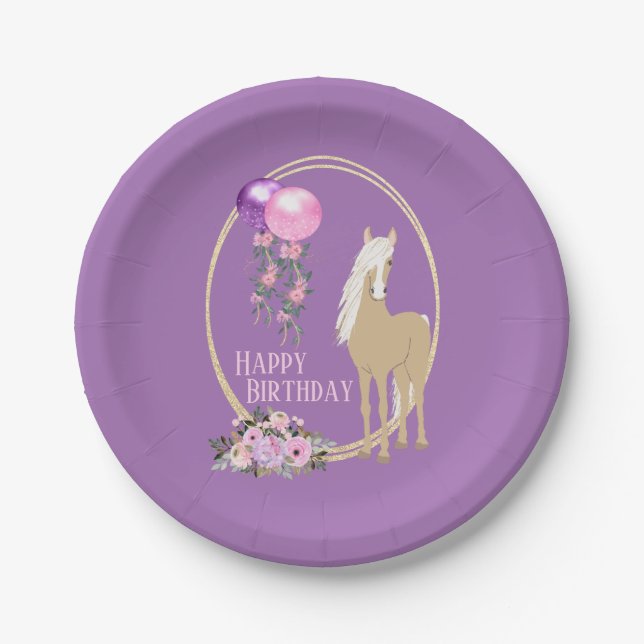Pretty Palomino Pink Purple Flowers Horse Birthday Paper Plate (Front)