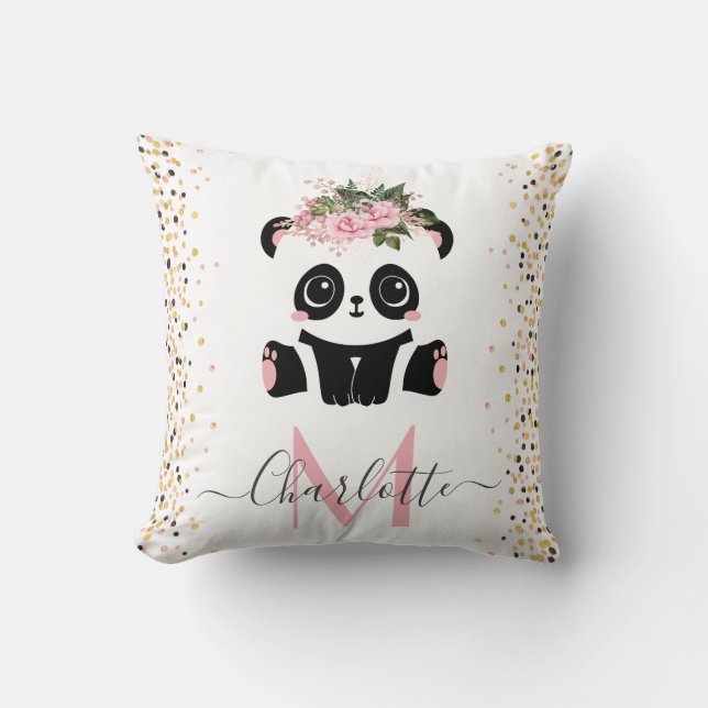 Pretty panda floral monogram personalized throw pi pillow (Front)