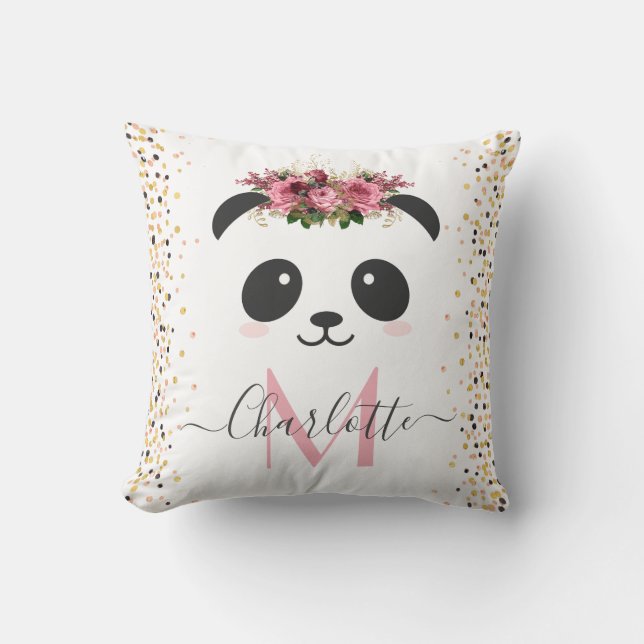 Pretty panda floral monogram personalized throw pillow (Front)