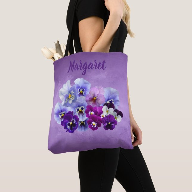 Pretty Pansies Personalized Floral Tote Bag (Close Up)