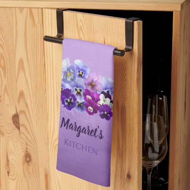 Pretty Pansies Personalized Purple Kitchen Towel (Thirds Fold)