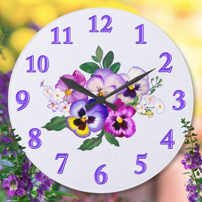 Pretty, Pansy Clock, Edit to Add Your Text, Image Large Clock (Pansey Clock. Nice, Pansy themed Gift for your, Pansy Decorating ideas. Purple, Yellow, Pansy Clock.)