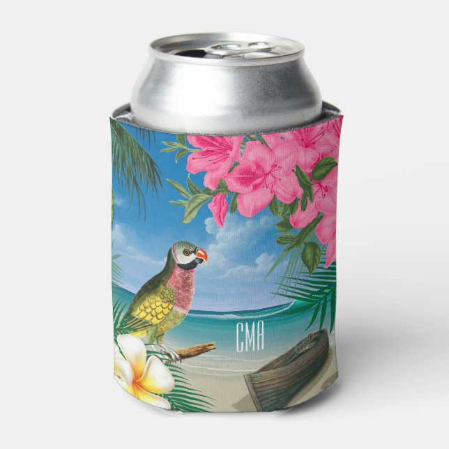 Pretty Parakeet on a Tropical Ocean Design Can Cooler (Can Front)