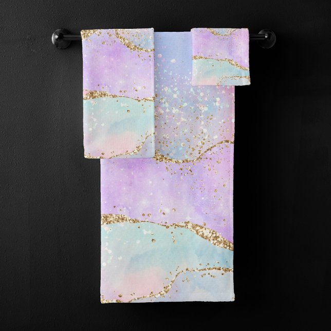 Pretty Pastel Agate | Gold Glitter Vein Watercolor Bath Towel Set (Creator Uploaded)