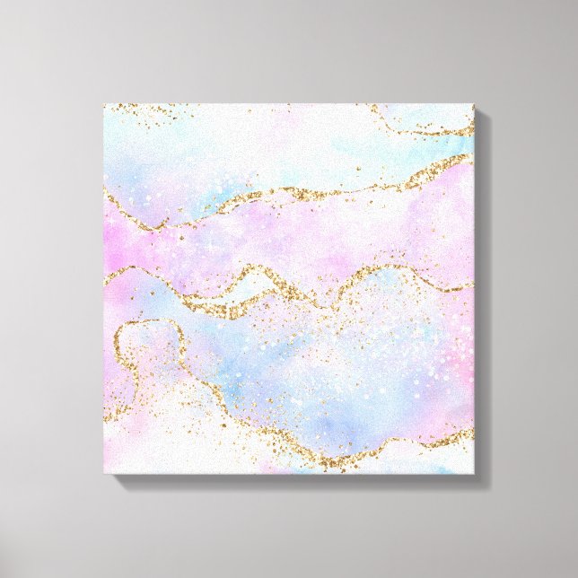 Pretty Pastel Agate | Gold Glitter Vein Watercolor Canvas Print (Front)