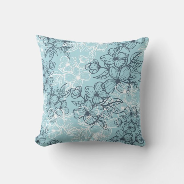 Pretty Pastel Blue Floral Line Drawing Pattern Throw Pillow (Front)