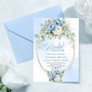 Pretty Pastel Blue Peony Gold Bridal Shower Invite