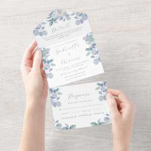 Pretty Pastel Blue Watercolor Floral Wedding All In One Invitation