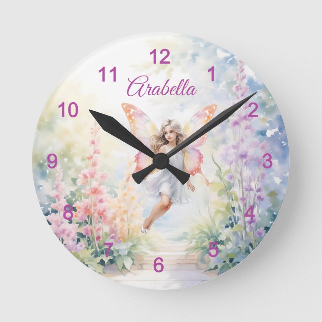 Pretty Pastel Butterfly Fairy in Flower Garden Round Clock (Front)