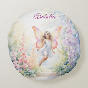 Pretty Pastel Butterfly Fairy in Flower Garden Round Pillow