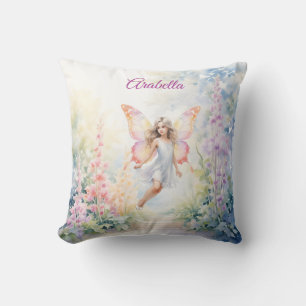 Pretty Pastel Butterfly Fairy in Flower Garden Throw Pillow