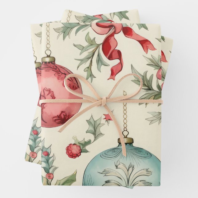 Pretty Pastel Christmas Ornaments Wrapping Paper Sheet (In situ)