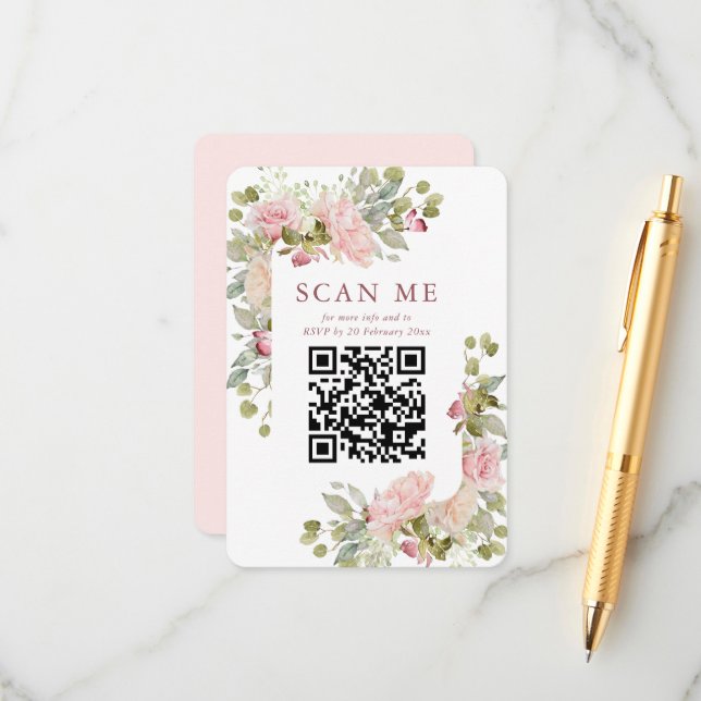 Pretty Pastel Floral Wedding RSVP QR Enclosure Card (Front/Back In Situ)