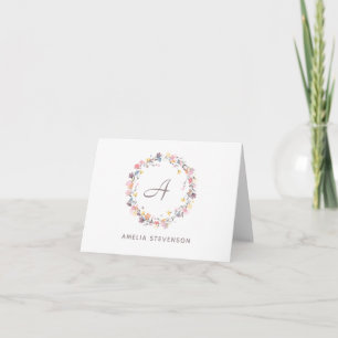Pretty Pastel Floral Wreath Monogram Personalized Note Card