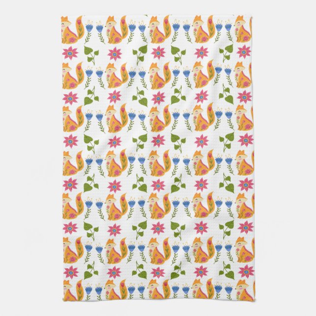 Pretty Pastel Foxy Floral Pattern Kitchen Towel (Vertical)