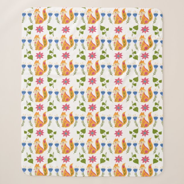 Pretty Pastel Foxy Floral Pattern Sherpa Blanket (Front)