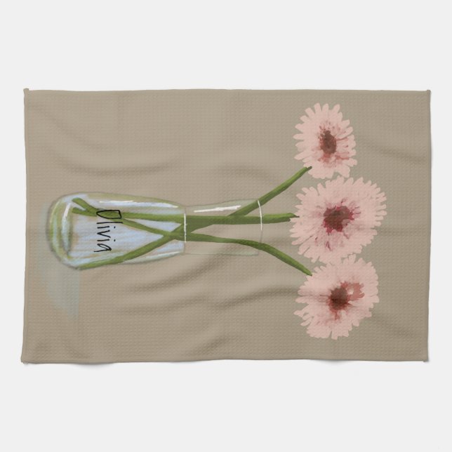 Pretty Pastel  Gerbera Flower  +Custom Name Kitchen Towel (Horizontal)