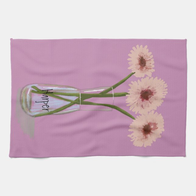 Pretty Pastel  Gerbera Flower  +Custom Name Kitchen Towel (Horizontal)