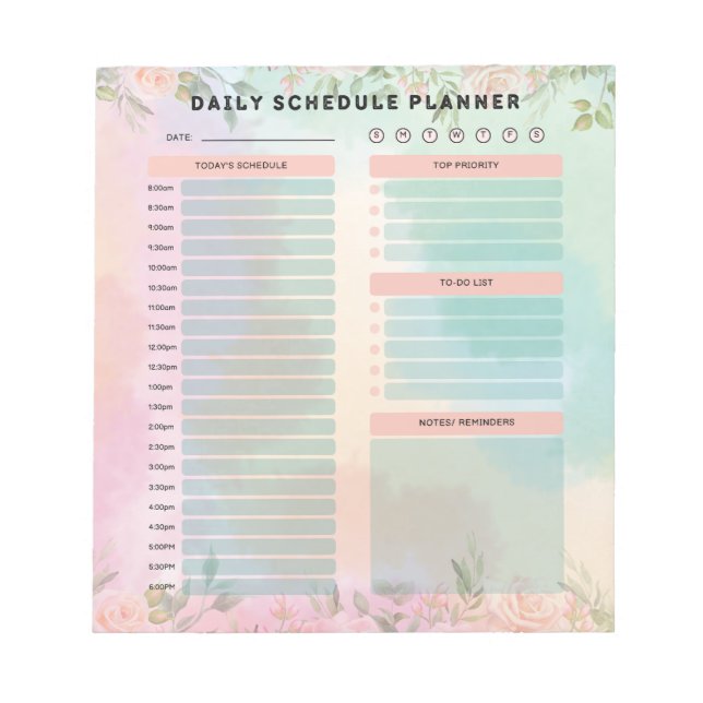 Pretty pastel Green and Peach Roses Daily Schedule Notepad (Front)