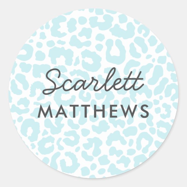 Pretty Pastel Leopard Print Name Blue Classic Round Sticker (Front)
