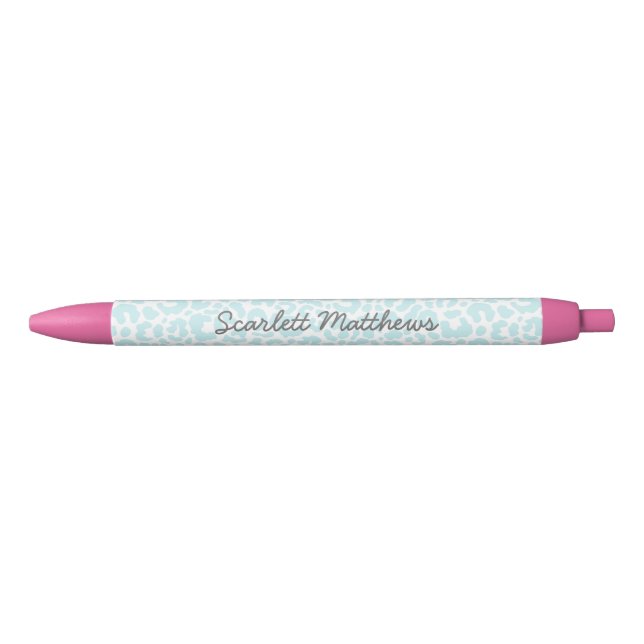 Pretty Pastel Leopard Print Pattern Blue Name Black Ink Pen (Front)