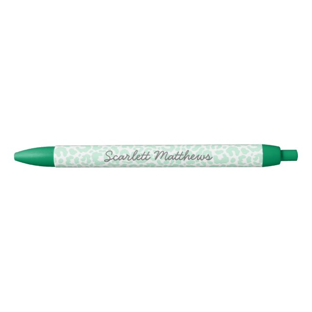 Pretty Pastel Leopard Print Pattern Mint Name Black Ink Pen (Front)