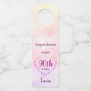 Pretty pastel pink 90th birthday design bottle tag
