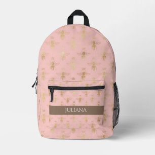 Pretty Pastel Pink and Gold Queen Bee Personalized Printed Backpack
