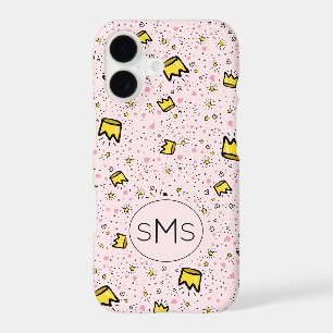 Pretty Pastel Pink Crown Doodle Pattern Monogram