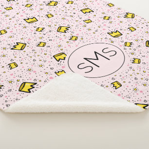 Pretty Pastel Pink Crown Doodle Pattern Monogram Sherpa Blanket
