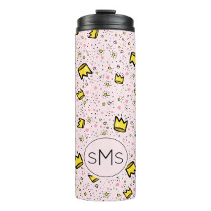 Pretty Pastel Pink Crown Doodle Pattern Monogram Thermal Tumbler