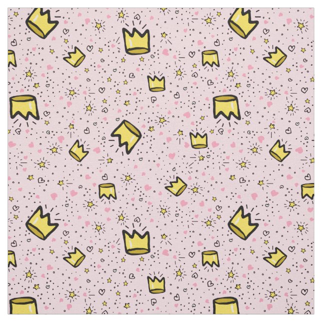 Pretty Pastel Pink Crown Whimsical Doodle Pattern Fabric (Swatch)