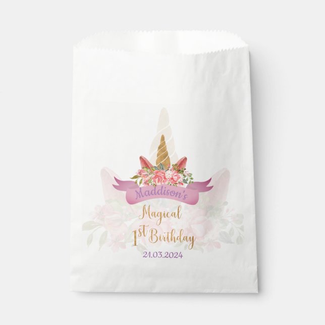Pretty Pastel Pink Floral Unicorn Birthday Party Favour Bag (Front)