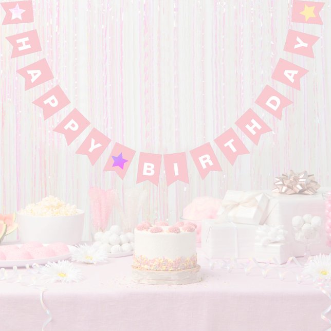 Pretty Pastel Pink Girly Happy Birthday Bunting Flags (Cute Pastel Pink Happy Birthday Bunting Flags for Girls)