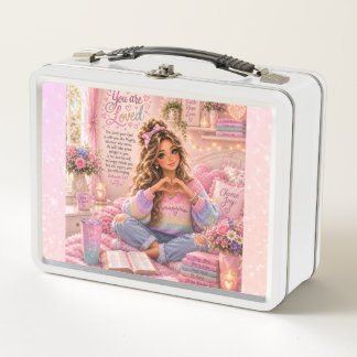 Pretty Pastel Pink Rainbow Christian Girl Bible Metal Lunch Box