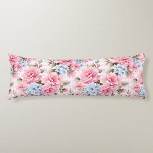 PRETTY PASTEL PINK WHITE BLUE WATERCOLOR FLOWERS BODY PILLOW